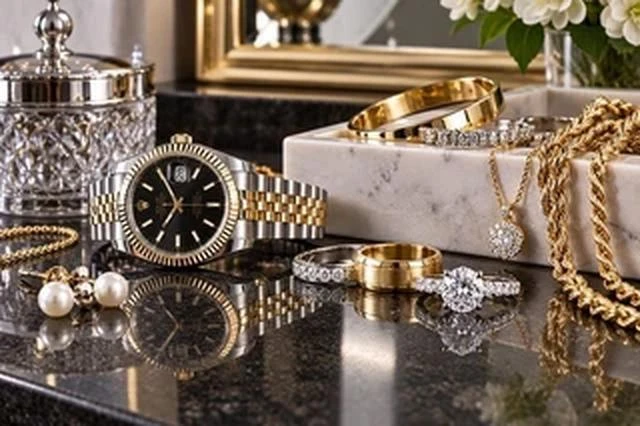 Polished gold and silver jewelry with luxury two-tone watch