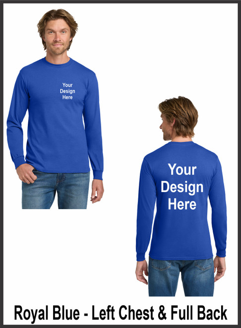 Custom Printed, Royal Blue Long sleeve T-Shirts, Left Chest and Full Back, One Color