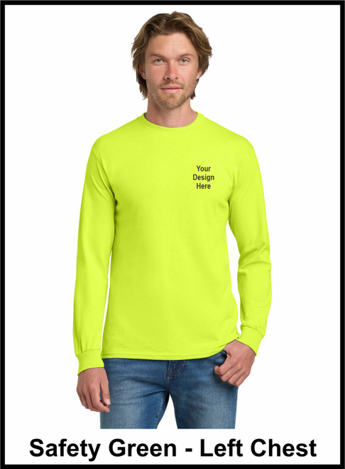 Custom Printed, Safety Green  Long sleeve T-Shirts, Left Chest , One Color