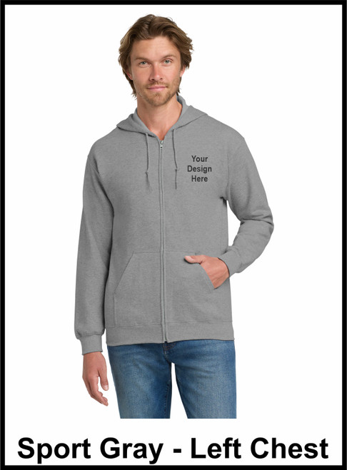 Custom Printed, Sport Gray Zipped Hooded,  Left Chest, One Color