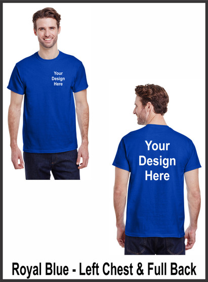 Custom Printed, Royal Blue T-Shirts, Left Chest and Full Back, One Color