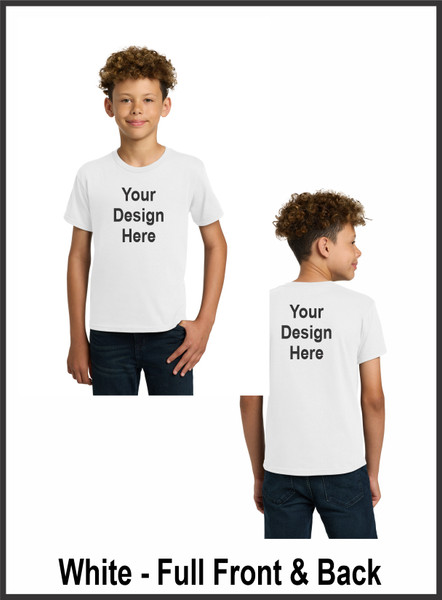 Custom Printed, Youth White T-Shirts, Full Front and Full Back, One Color