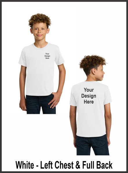 Custom Printed, White Youth T-Shirts, Left Chest and Full Back, One Color