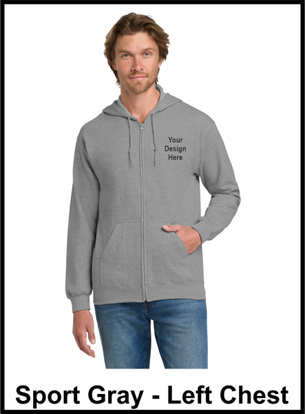 Custom Printed, Sport Gray Zipped Hooded,  Left Chest, One Color