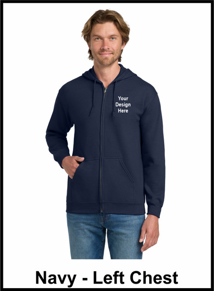 Custom Printed, Navy Zipped Hooded, Left Chest, One Color