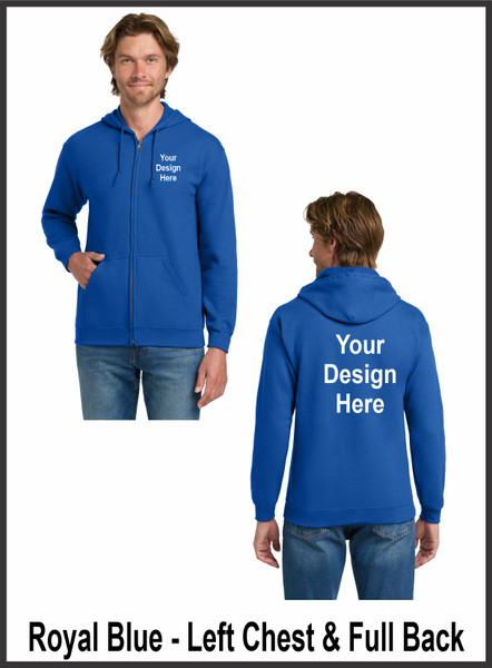 Custom Printed, Royal Blue Zipped Hooded, Left Chest and Full Back, One Color