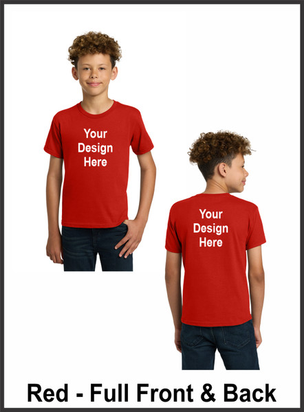 Custom Printed, Red Youth T-Shirts, Full Front and Full Back, One Color