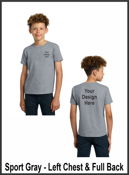 Custom Printed, Youth Sport Gray T-Shirts, Left Chest and Full Back, One Color