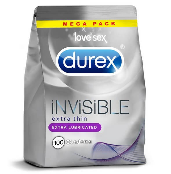 Durex Invisible Extra Lubricated Thin Condoms Bulk Packs 100 Condoms - Thin