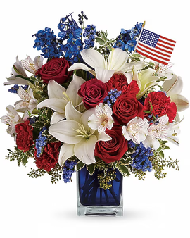Mix of alostromeria, lilies, carnations and filler in red, white, blue theme. Premium