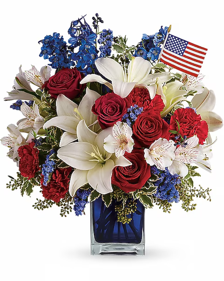 Mix of alostromeria, lilies, carnations and filler in red, white, blue theme. Premium