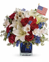 Mix of alostromeria, lilies, carnations and filler in red, white, blue theme. Delux