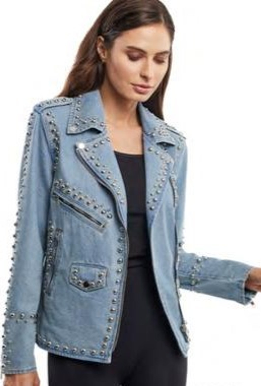 Borke Women's Long Sleeve Rivet Studded Denim Jacket Casual Washed Pearl  Short Jean Coat - Walmart.com