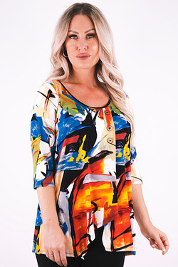Model wearing the multicolor Asymmetrical 3/4 Sleeve Tunic with Buttons from Michael Tyler