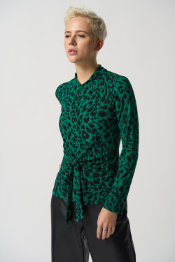 Front of the Leopard Mock Collar Top from Joseph Ribkoff in the colors black and green