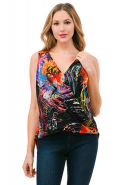 Front of the Surplice Hi-Low Top from Ariella in the multicolor print
