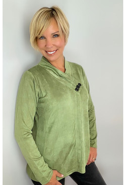 Front of the Sueded Crossover Top from Ethyl in the color olive green