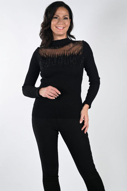 Front of the Mesh Insert Mock Neck Sweater from Frank Lyman in the color black