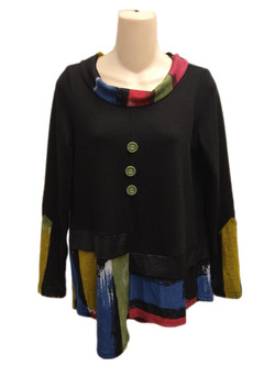 Front of the Cowl Neck Button Top from Michael Tyler in the colors black and multi