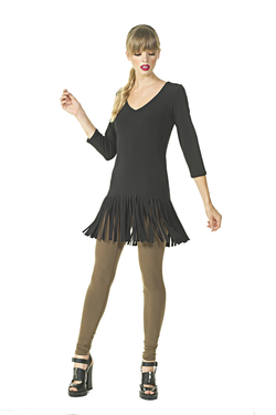 Front of the Fringe 3/4 Sleeve Tunic from Eva Varro in the color black