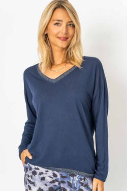 Front of the Long Sleeve Glitter V-Neck from Look Mode in the color navy blue