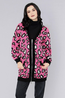 Front of the Cheetah Print Zip Cardigan from Funsport in the colors pink and black