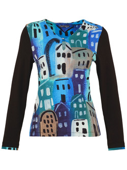 Front of the Printed Keyhole Top from Dolcezza in the multicolor City Stories print
