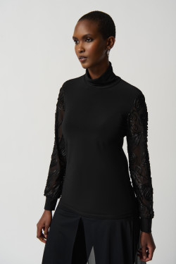 Front of the Mesh Soutache Sleeve Turtleneck from Joseph Ribkoff in the color black