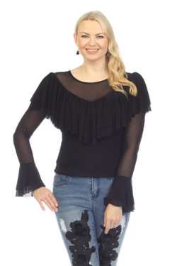 Front of the Mesh Ruffle Top from AZI Jeans in the color black