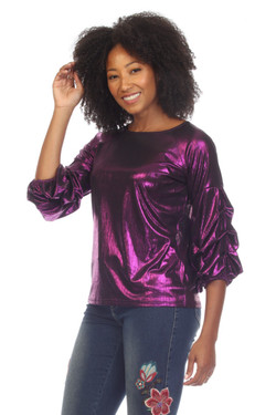 Front of the Bubble Sleeve Metallic Top from AZI Jeans in the color magenta