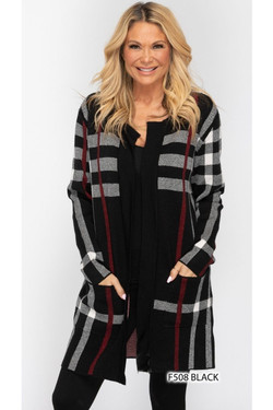 Front of the Plaid Pocket Cardigan from Fashion Cage in the colors black and white