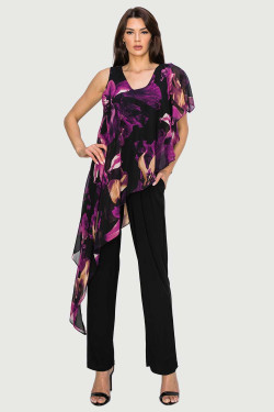 Front of the Asymmetric Chiffon Overlay Jumpsuit from Last Tango in the colors black and orchid