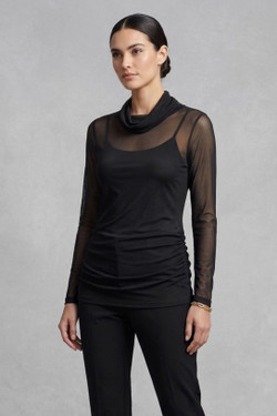 Front of the Mesh Max Long Sleeve Top (with a black camisole underneath - sold separately) from Kozan in the color black