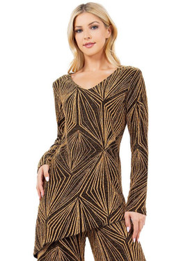 Front of the Shimmery Paragon Asymmetrical Tunic from Kokomo in the colors black and gold