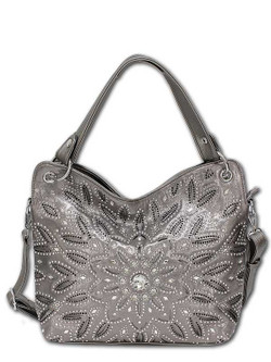 Front of the Pewter Rhinestone Hearts Double Handle Crossbody Bag from MC Handbags