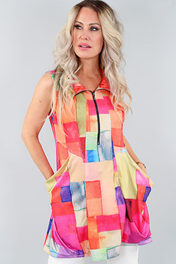 Front of the Half Zip Color-block Tunic with Pockets from Michael Tyler in the multicolor print