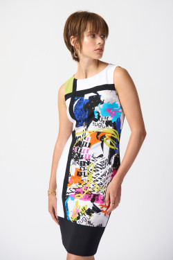 Front of the Abstract Print Silky Knit Sheath Dress from Joseph Ribkoff in the colors vanilla and multi