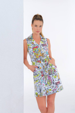 Model wearing the 'Love in the City' Print Belted Dress from Dolcezza in the multicolor print