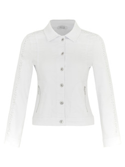Front of the Rhinestone Jean Jacket from Dolcezza in the color white