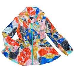 Front of the Abstract Print Peplum Jacket from UBU in the multicolor print