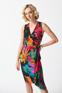 Front of the Tropical Print Wrap Dress from Joseph Ribkoff in the colors black and multi