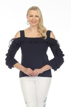 Front of the Ruffle Sleeve Cold Shoulder Top from AZI Jeans style Z12774 in the color black