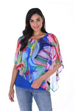Front of the Abstract Print Chiffon Overlay Top from Frank Lyman in the colors royal blue and multi