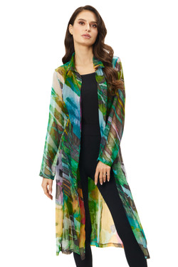 Front of the Sheer Watercolor Duster Cardigan from Adore in the green multi print