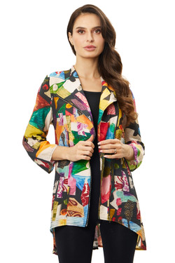 Front of the Multi Asymmetric Zip Jacket from Adore in the multicolor print