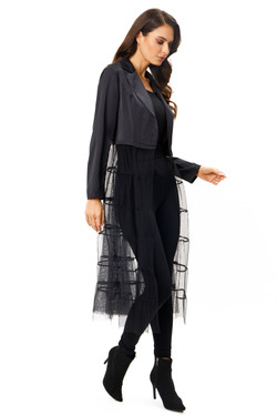 Front of the Sateen Duster with Sheer Bottom from Adore in the color black