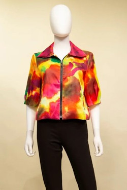 Front of the Print Duppioni Crop Jacket from Samuel Dong in the Yellow / Bougainvillea print