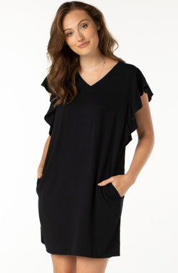 Front of the Flutter Sleeve Pocket Dress from Liverpool Jeans style LM8994EZ in the color black