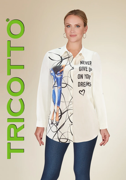 Front of the Never Give Up Dreams Blouse from Tricotto style C-126 in the color white / multicolor