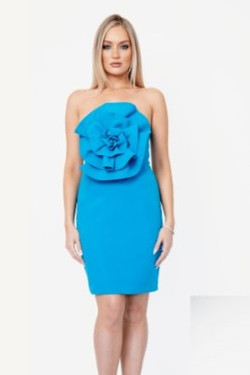 Front of the Rose Strapless Cocktail Dress from Post Couture style 10385 in the color turquoise